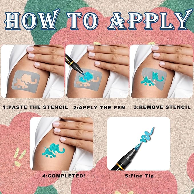 Temporary Tattoo Markers for Skin, 8 Metal Body Markers + 169 Shark Dolphin Mermaid Cartoon Animal Tattoo Stencils for Kids Adults, Cosmetic-Grade Tattoo Ink, DIY Body Art Party Favors for Women Men