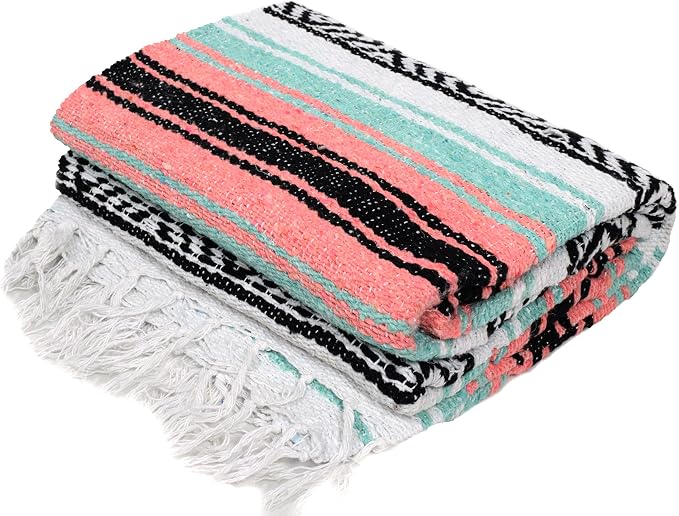 Open Road Goods Bulk Falsa Blankets - Handwoven Authentic Mexican Falsa - Great for Weddings, Yoga, Beach, Picnics, or Mexican Throw! (Mint/Peach, 7 Pack)