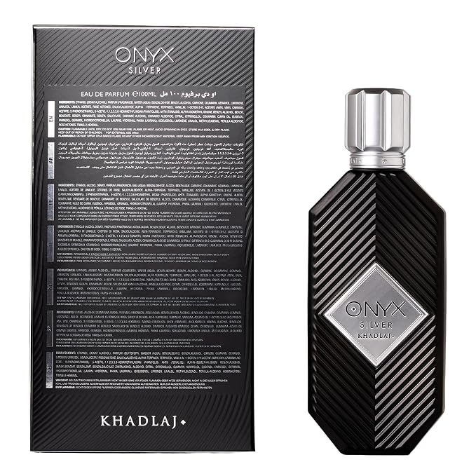 Khadlaj Onyx Silver – Fresh, Spicy, Woody, Amber – Eau de Parfum Spray Long-Lasting Fragrance for Men, 3.4 Ounce / 100ml
