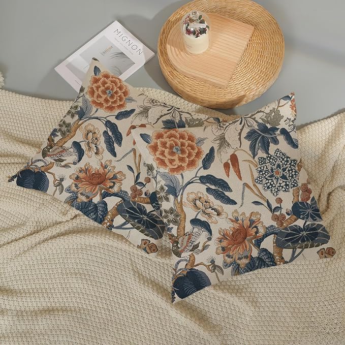 Navy Blue Orange Pillow Covers 16x16 Inch Set of 2 Vintage Blue Floral Throw Pillows Chinoiserie Flower Decorative Pillow Case Outdoor Linen Farmhouse Cushion Cover for Couch Sofa Decorations