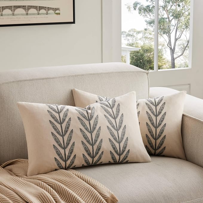 Farmhouse Leaves Lumbar Pillow Covers Set of 2, 12x20in Black | 100% Organic Cotton, Rustic Accent Print Pillow Case, Pastoral Decorative Cushion Covers for Sofa Bed Living Room Home Decor