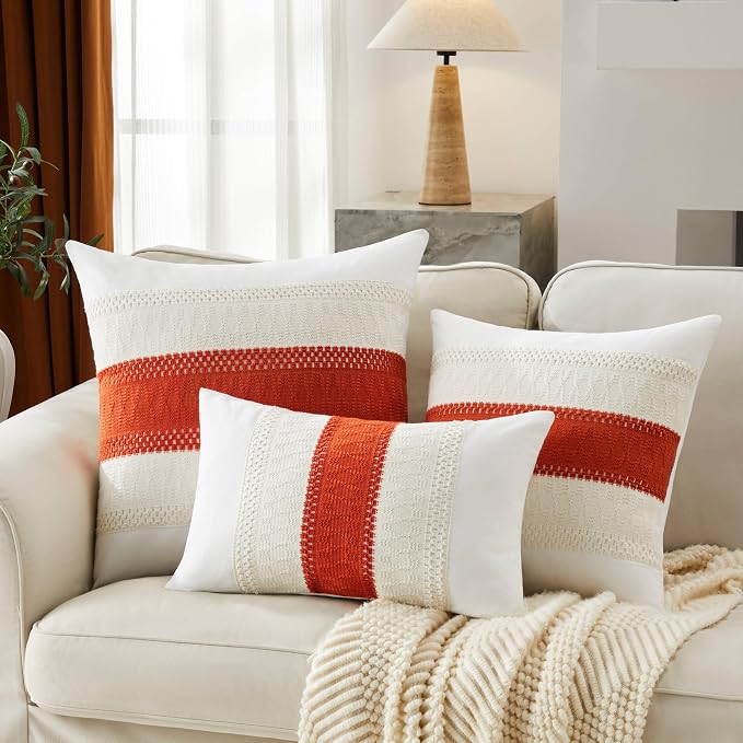 2pk Boho Pillow Covers 16x16, Natural White/Contrast/Orange | 100% Organic Cotton Body, Stripe Embroidery, Farmhouse Decorative Cushion Covers for Sofa Bed Living Room Home Decor