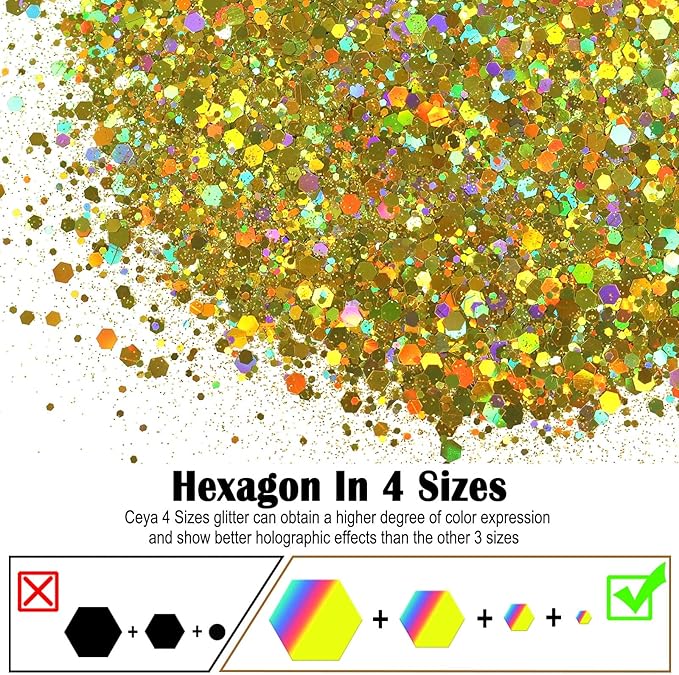 Ceya Holographic Chunky Glitter, 4.9oz/ 140g Cyan Gold Craft Glitter Powder Mixed Fine Flakes Iridescent Nail Sequins for Nail Art, Hair, Epoxy Resin, Tumblers, Slime, Painting, Festival Decor