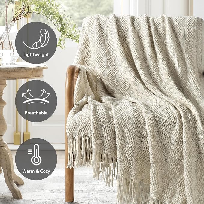 BOURINA Beige Throw Blanket 50x60 Inch Soft Ripple Throw Knitted Blanket | Soft Ripple Throw Textured Solid Soft Throws and Blankets for Sofa or Bed Knitted Decorative Blanket