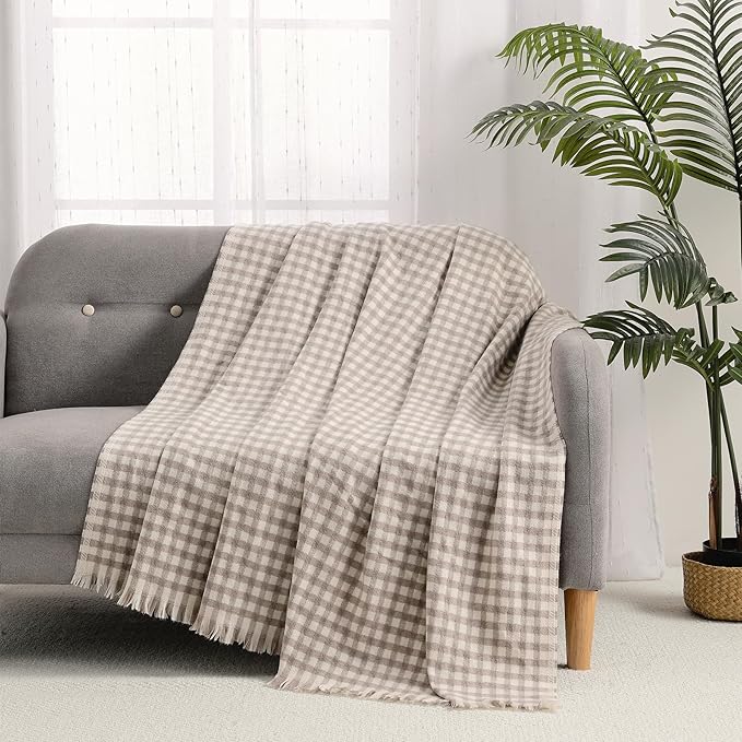CREVENT Farmhouse Boho Knitted Throw Blanket for Couch Sofa Chair Bed Home Decoration, Soft Warm Cozy Light Weight for Spring Summer Fall (50''X60'' Plaid Tan)
