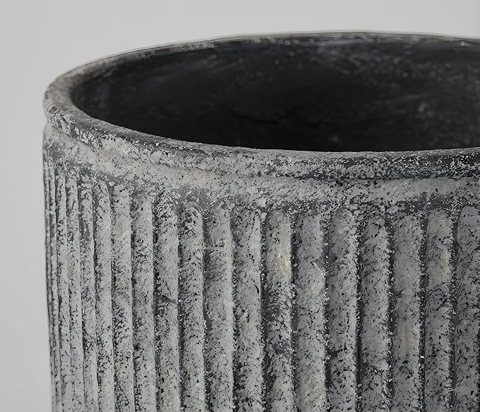 Etrus Small 6.4" Ceramic Vase – Handcrafted Vertical Ribbed Distressed Concrete Finish, 7" Wide – Indoor & Outdoor Modern Décor for Shelf, Desk & Table