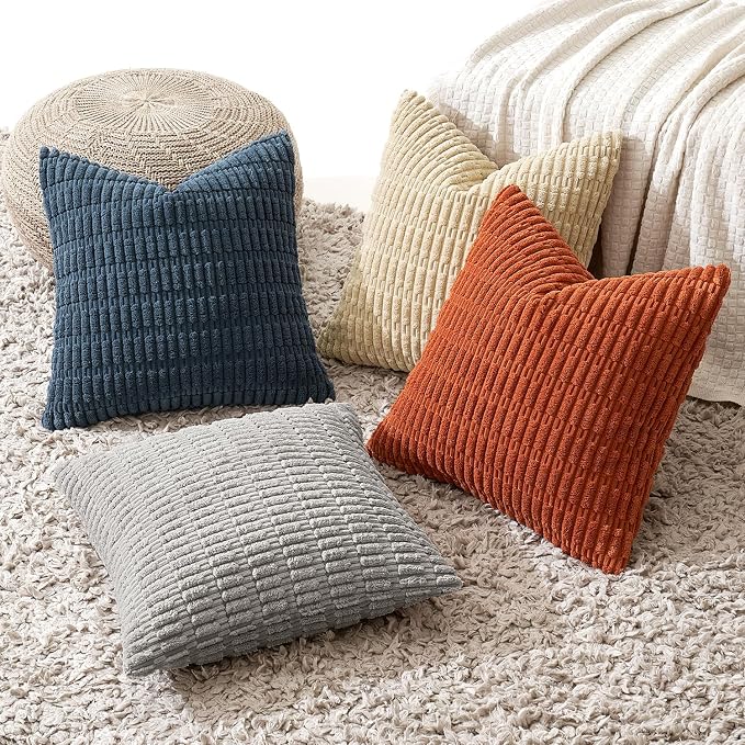 MIULEE Pack of 4 Corduroy Throw Pillow Covers 18x18 Inch Blue and Orange | Boho Farmhouse Modern Retro Soft Striped Pillow Covers,Home Decor for Sofa Living Room,Couch,Bed