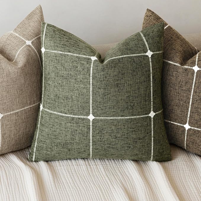 Foindtower Pack of 2 Decorative Faux Linen Jacquard Check Throw Pillow Covers Farmhouse Lumbar Cushion Cover with Grid Textured Pillowcase for Couch Sofa Living Room Home Decor,12×20 Inch,Olive Green