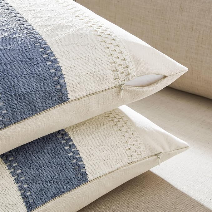 2 Pack Boho Throw Pillow Covers, Contrast Blue 22x22in | Soft Breathable Cotton, Farmhouse Decorative Couch Pillow Cases, Cushion Covers for Sofa Bed Living Room Home Decor
