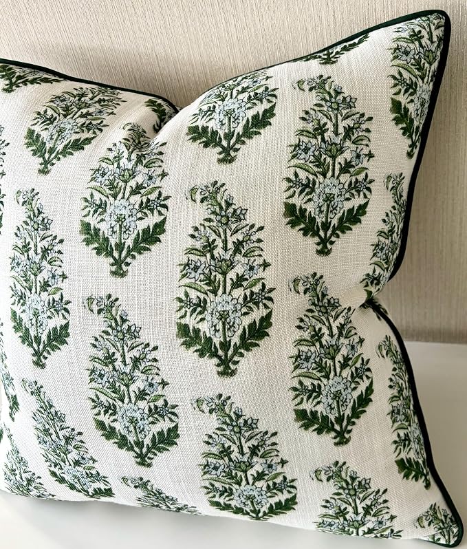 Green Floral Bouquet Print 20x20 Throw Pillow Cover, Green | Green Floral Bouquet sprigs on off-white slub, green piping; both sides printed; hidden; cover only