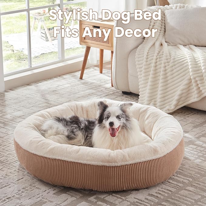 45 inches Calming Donut Dog Bed for Extra Large Dogs,Brown | Round Jumbo Pet Bed with Removable&Washable Cover,Plush Faux Fur & Corduroy, Fits Pets up to 100 lbs