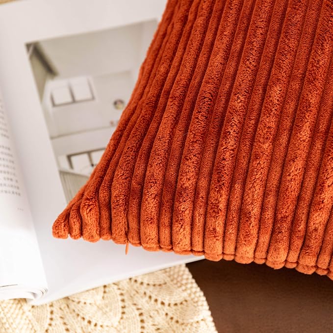 UGASA Fall Super Soft Decor Striped Corduroy Large Throw Pillow Covers Sham Cushion Case Living Room, 2 Packs, 24" x 24" (61cm), Burnt Brick