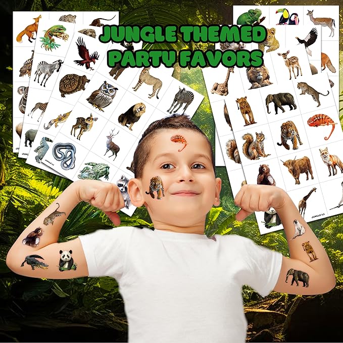 96 PCS Realistic Wildlife Jungle Animal Pre-Cut Temporary Tattoos Sticker Reptile Birthday Party Decorations Supplies Favors Gifts Boys Girls Zoo Cute Fake Tattoo School Reward Themed (Normal)