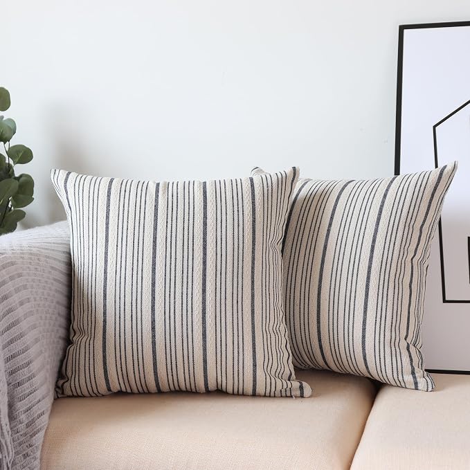 Navy Outdoor Striped Decorative Couch Throw Pillow Covers 20X20 | Pack of 2 Farmhouse 20 x20 in Square Throw Pillows for Couch Sofa Bed Navy and Cream