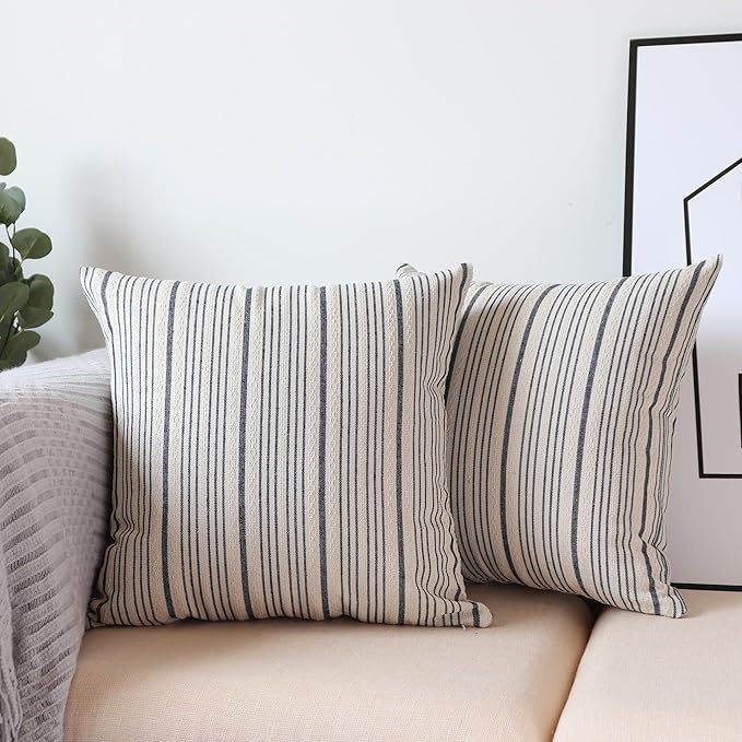 Navy Outdoor Striped Decorative Couch Throw Pillow Covers 18x18 | Pack of 2 Farmhouse 18 x18 in Square Throw Pillows for Couch Sofa Bed Navy and Cream