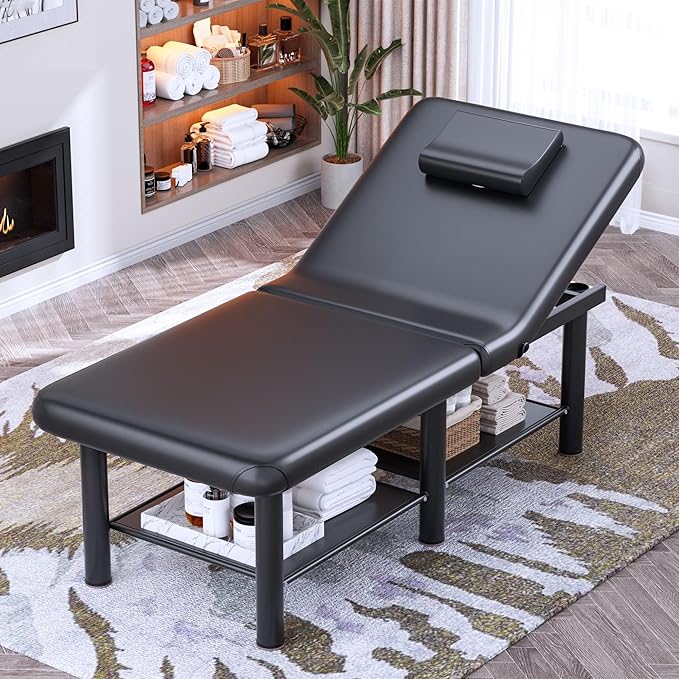 Olela Wide Foldable Massage Table - Professional Massage Table with Adjuatable Backrest & Large Storage Space, Treatment Tables with Metal Frame and Pu Leather for Spa, Beauty, Rehabilitation
