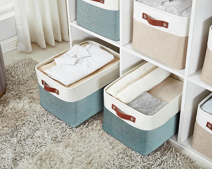 DECOMOMO Storage Bins, Large Fabric Storage Baskets for Shelves 4 Pack | 15 x 11 x 9.5 inches Decorative Linen Closet Organizers (Green & White)