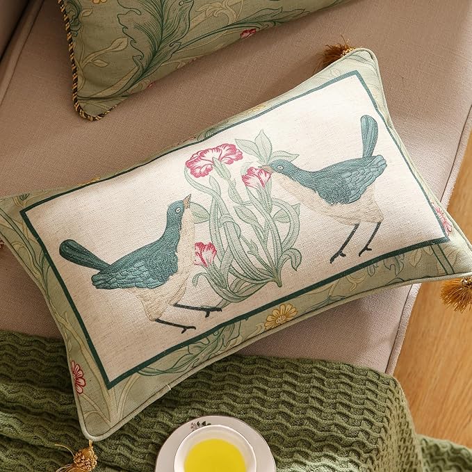 patdrea French Vintage Linen Throw Pillow Cover,12"x20",Set of 2-Cecilia E | Decorative Pillow Case with Zipper,Green Floral Pattern,Cushion Coverfor Couch Living Room Bedroom Sofa