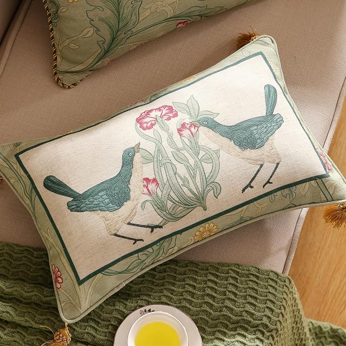 patdrea Designer French Vintage Linen Throw Pillow Cover,12"x20"-Cecilia E | Decorative Pillow Case with Zipper,Green Floral Pattern,Cushion Coverfor Couch Living Room Bedroom Sofa