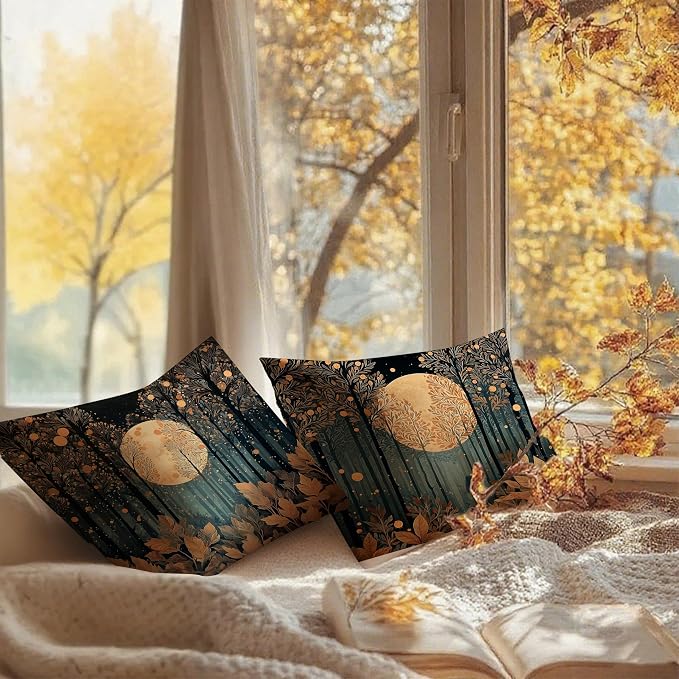 Vintage William Morris Inspired Gold Forest Moon Pillow Covers 18x18 Set of 2,Rustic Black and Gold Moon Landscape Nature Botanical Decorative Throw Pillow Covers for Home Bedroom Living Room