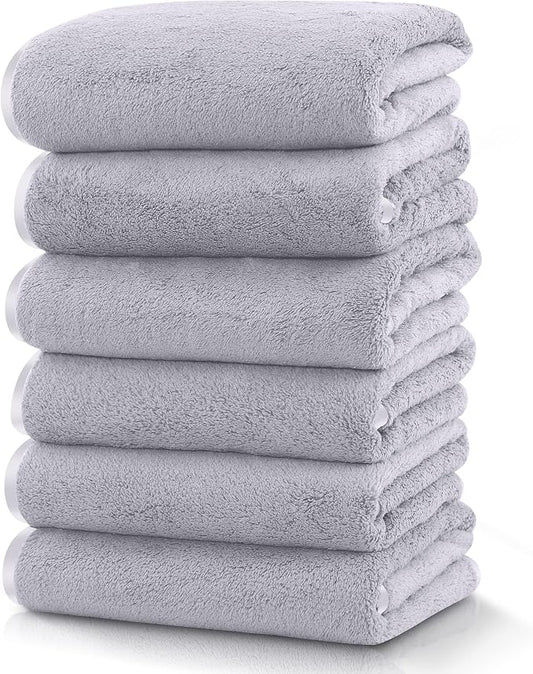 TENSTARS Silk Hemming Hand Towels for Bathroom - Quick Drying - Ultra Soft Microfiber Absorbent Towel for Bath Fitness, Gym, Shower, Hotel, and Spa - 16x28 Inch | Set of 6, Light Grey