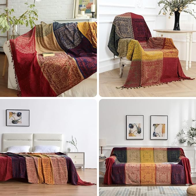 Boho Throw Blanket, Chenille Jacquard Tassels Throw Blankets for Bed Couch Soft Chair， Bohemian Fringe Tassels (Red, S:60x75