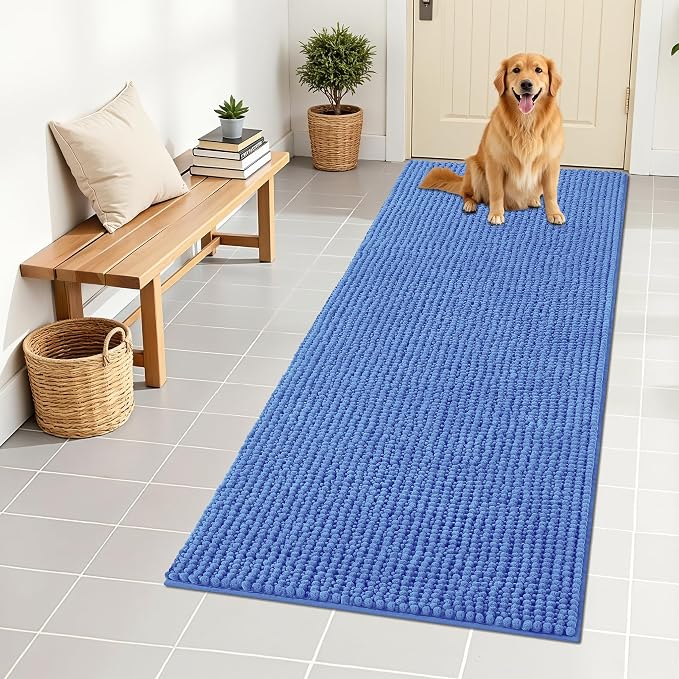 OLANLY Dog Door Mat for Muddy Paws 59x24, Extra Absorbent Chenille Mud Mat | Cornflower Blue, Absorbs Moisture and Dirt, Non-Slip Machine Washable Doormat, Quick-Dry Indoor Entryway Floor Mat for Dogs