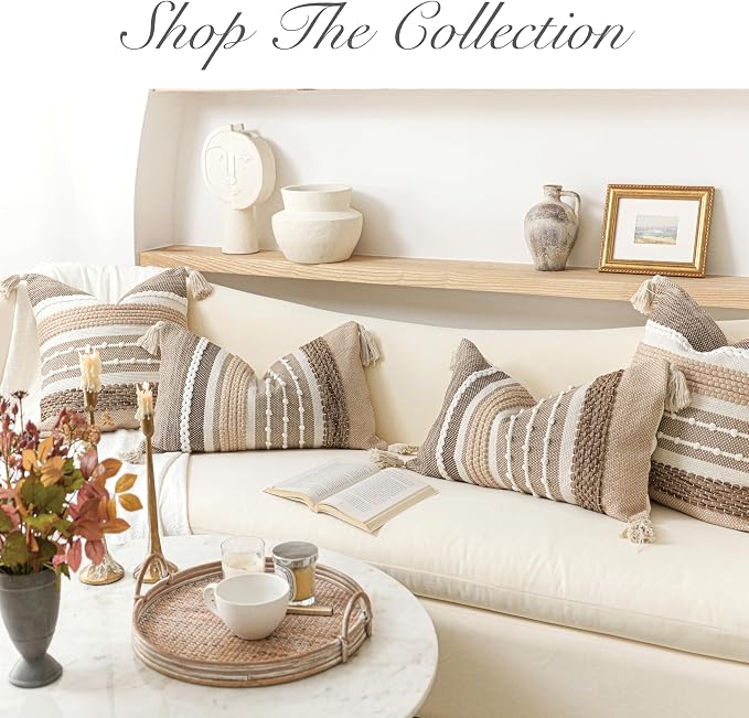 Brown Decorative Throw Pillow Cover 20x20 Square Boho Accent Pillowcase Tassels Farmhouse Cushion for Couch Sofa Bedroom Livingroom Home Décor Cover ONLY (Pack of 1)
