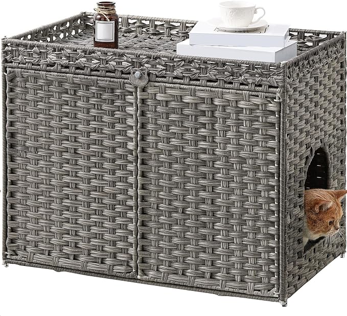 SETVSON Cat Litter Box Enclosure Furniture, Handwoven PE Rattan, Gray | Large Double-Door PE Rattan Kitty House, Fits Large Covered Litter Boxes, 2 Litter Mats, 2 S-Hooks, Metal Frame