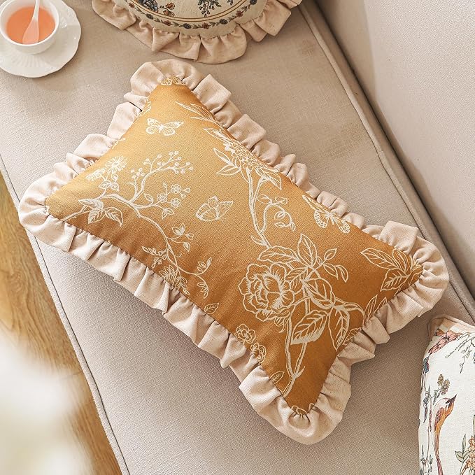 Designer Linen Throw Pillow Cover,Set of 2,20"x12"-Cornucopia D | Elegant French Rectangle Pillow Cover,Concealed Zipper Design,Floral Pattern,Sofas,Bedroom,Living Room,Lounge Chairs