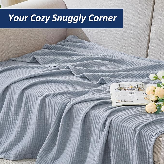 EMME Cotton Muslin Large Throw Blanket Couch Breathable Gauze Soft Lightweight Bed Blankets Adults (Heather Dusty Blue, 50"x70")