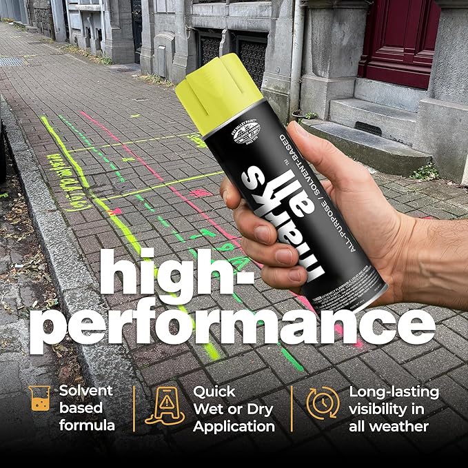 Fox Valley 18oz Marks All Solvent-Based Marking Paint Spray, 12-Pack Yellow Fluorescent – Long-Lasting, Weather-Resistant Spray Paint for Wet or Dry Surfaces Like Metal, Grass, Concrete, Wood, & More