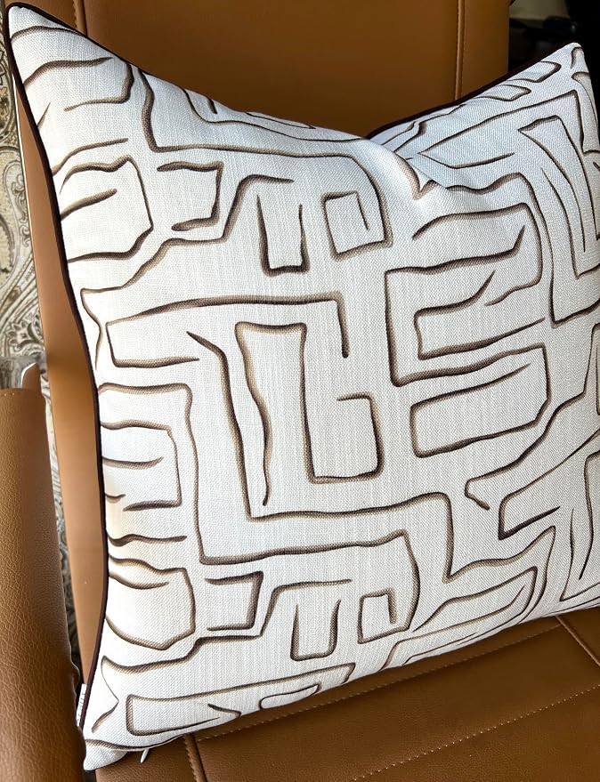 Abstract Line Art Print 20x20 Throw Pillow Cover, Brown | Brown abstract line art on off-white slub, brown piping; both sides printed; hidden zip; cover only
