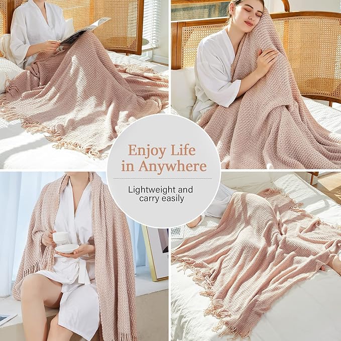 Blagic Wheat Textured Throw Blanket for Couch,Light Pink & White,50"x60" | Soft Farmhouse Boho Throw Blanket with Tassels,Decorative for Living Room,Gifts for Adults,All Season Use