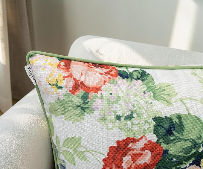 Vintage Rose Floral Print 20x20 Throw Pillow Cover | Coral and pink rose bouquet on off-white slub, green piping; both sides printed; hidden; cover only