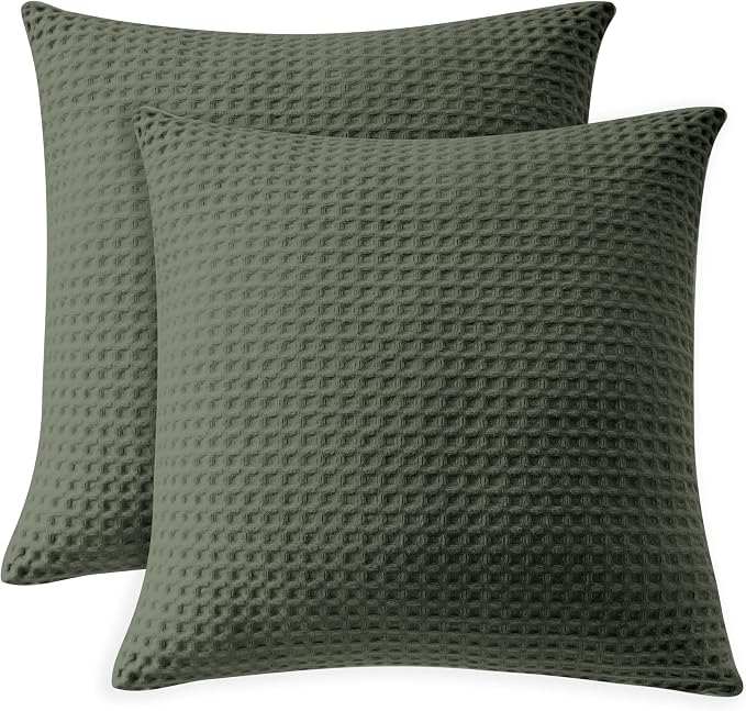 100% Egyptian Cotton 600 TC Waffle Weave Throw Pillow Covers 2 Pack | Ultra Soft Breathable Euro Pillow Shams Covers, Decorative Cushion Covers for Bed Couch Sofa Car, Olive Green, 26" x 26"