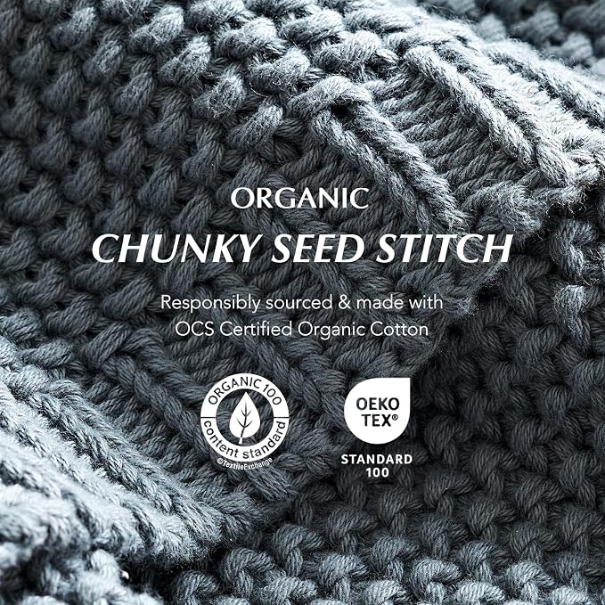 Organic Cotton Chunky Knit Throw Blanket, 50 x 60 Dusk Blue | OCS Certified Organic Cotton, Seed Stitch Knit, Soft & Breathable, Cozy Midweight, Decorative Throw for Couch, Bed & Sofa