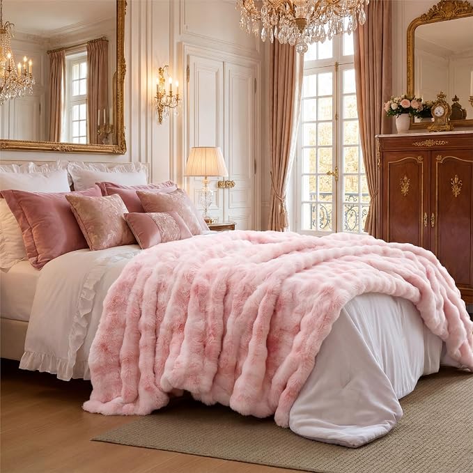 Bedsure GentleSoft Bubble Faux Fur Blankets Queen Size, Fluffy Fuzzy Queen Blanket for Bed, Soft Cozy Faux Fur Bedding for Winter, Thick Warm Plush Bed Cover, Tie-dye Pink, 90x90