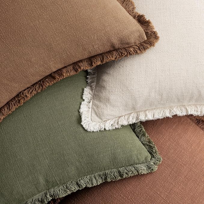 MIULEE Fall Linen Fringe Pillow Covers Set of 4 24x24 Beige/Brown/Green | Boho Farmhouse Decorative Throw Pillow Covers, Neutral Soft Rustic Cushion Cases, for Couch Sofa Bed Living Room Home Decor