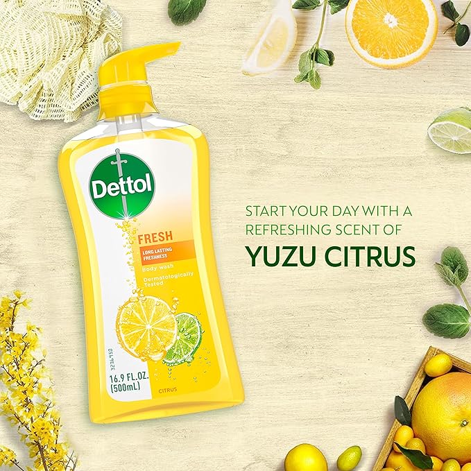 Dettol Fresh Body Wash and Shower Gel, Fresh Yuzu Citrus Scent Body Wash, 16.90 Fl Oz (Pack of 1)