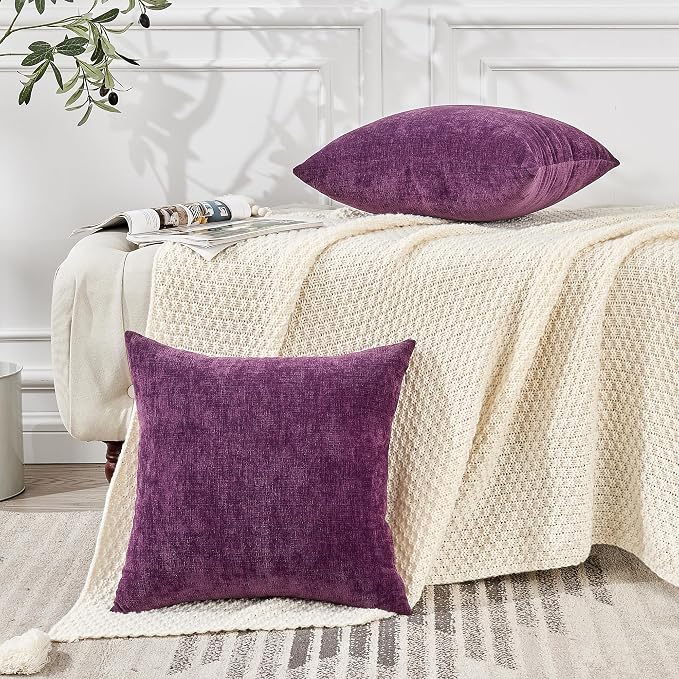 GAWAMAY Decorative Throw Pillow Covers 16x16 Inch Set of 2, Super Soft Chenille Square Pillows Farmhouse Fall Pillowcase for Living Room Bedroom Sofa Couch Cushion Cover Purple 40x40cm (No Insert)
