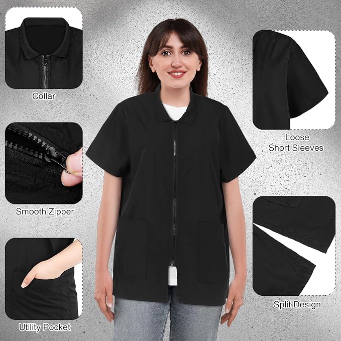 MCEAST 2 Pack Black Pet Groomer Uniforms with Full Zipper Water Resistant and Anti-Static Pet Smock Clothes for Women Men, X-Large