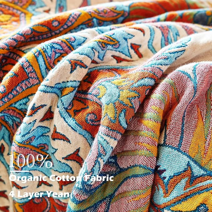 VANJOROY Boho Throw Blanket, 100% Organic Cotton Breathable Skin-Friendly Ultra Soft Bed Quilt Throw - All Season Floral Bird Farmhouse Décor Luxury Blanket for Sofa Couch Chair and Gift. 50" x 60"