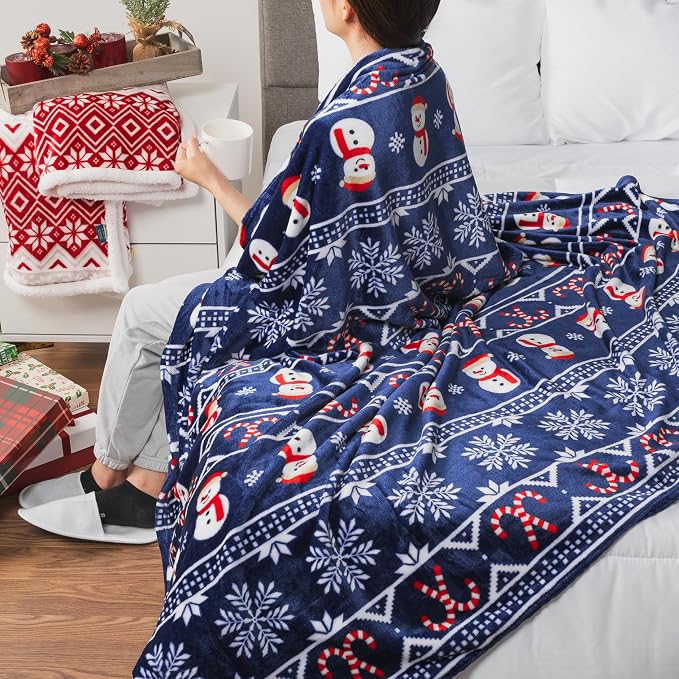 PAVILIA Christmas Snowman Throw Blanket | Blue Holiday Christmas Fleece Blanket | Soft, Plush, Warm Winter Cabin Throw, 60x80 (Blue Christmas)