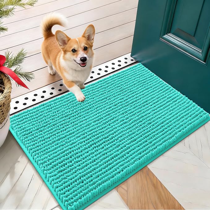 OLANLY Dog Door Mat for Muddy Paws 24x16, Extra Absorbent Chenille Mud Mat | Teal, Absorbs Moisture and Dirt, Non-Slip Machine Washable Doormat, Quick-Drying Indoor Entryway Floor Mat for Dogs
