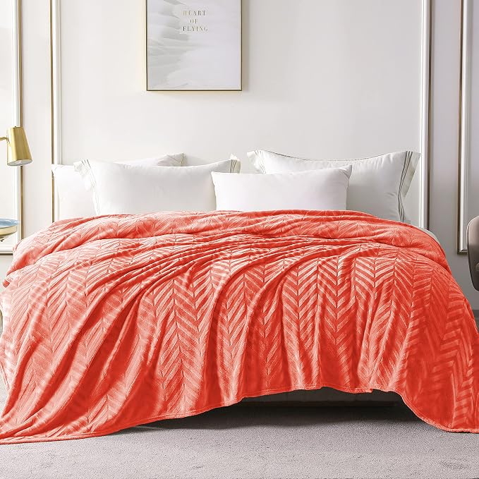 Whale Flotilla Flannel Fleece Fall Bed Blanket Queen Size, Coral | Lightweight Breathable Soft Bedspread, Plush Fluffy Coverlet Chevron Design Decorative Blanket for Home Life, 90x90 Inch