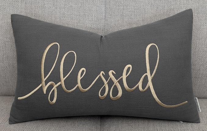 EURASIA DECOR Blessed Embroidered Lumbar Pillow Cover 12x20, Dark Grey | Raised muted gold script on dark grey; scripture faith gift, hidden zip, solid back, cover only