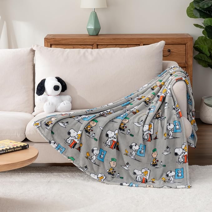 Berkshire Blanket Peanuts® VelvetLoft® Cute Character Snoopy Plush Oversized Throw Blanket, Peanuts Snoopy's Art Class Grey (50in x 60in)