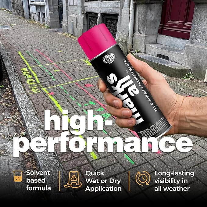 Fox Valley 18oz Marks All Solvent-Based Marking Paint Spray, 12-Pack Pink Fluorescent – Long-Lasting, Weather-Resistant Spray Paint for Wet or Dry Surfaces Like Metal, Grass, Concrete, Wood, & More