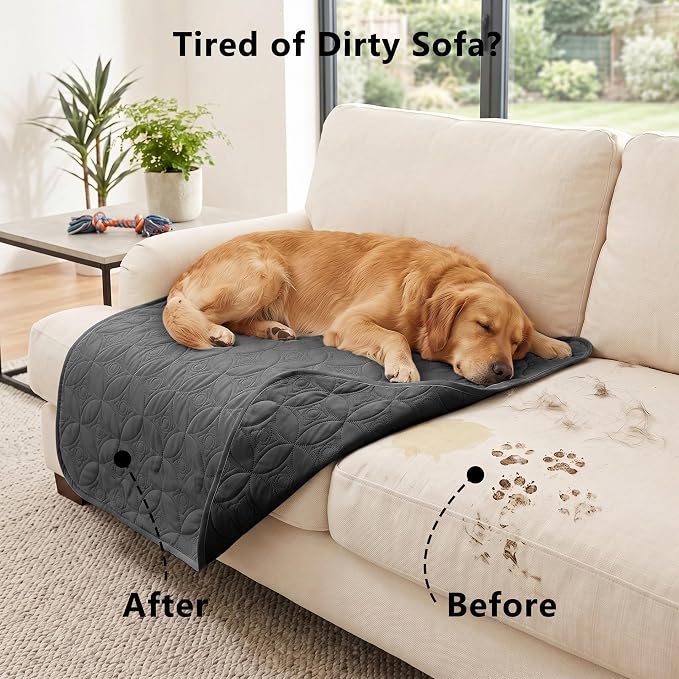 Waterproof Couch Cover for Dogs - Washable Pets Furniture Protector | TPU Leak-Proof Liner, Lightweight & Reversible, Fits Chair, Sofa, Bed, 52" x 82" , Black/Darkgrey